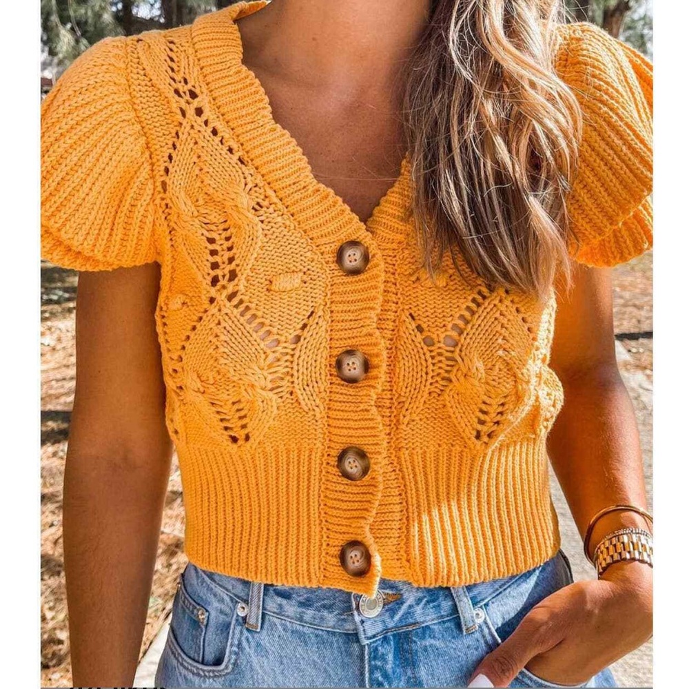 Zara knitted orange button flutter sleeve top